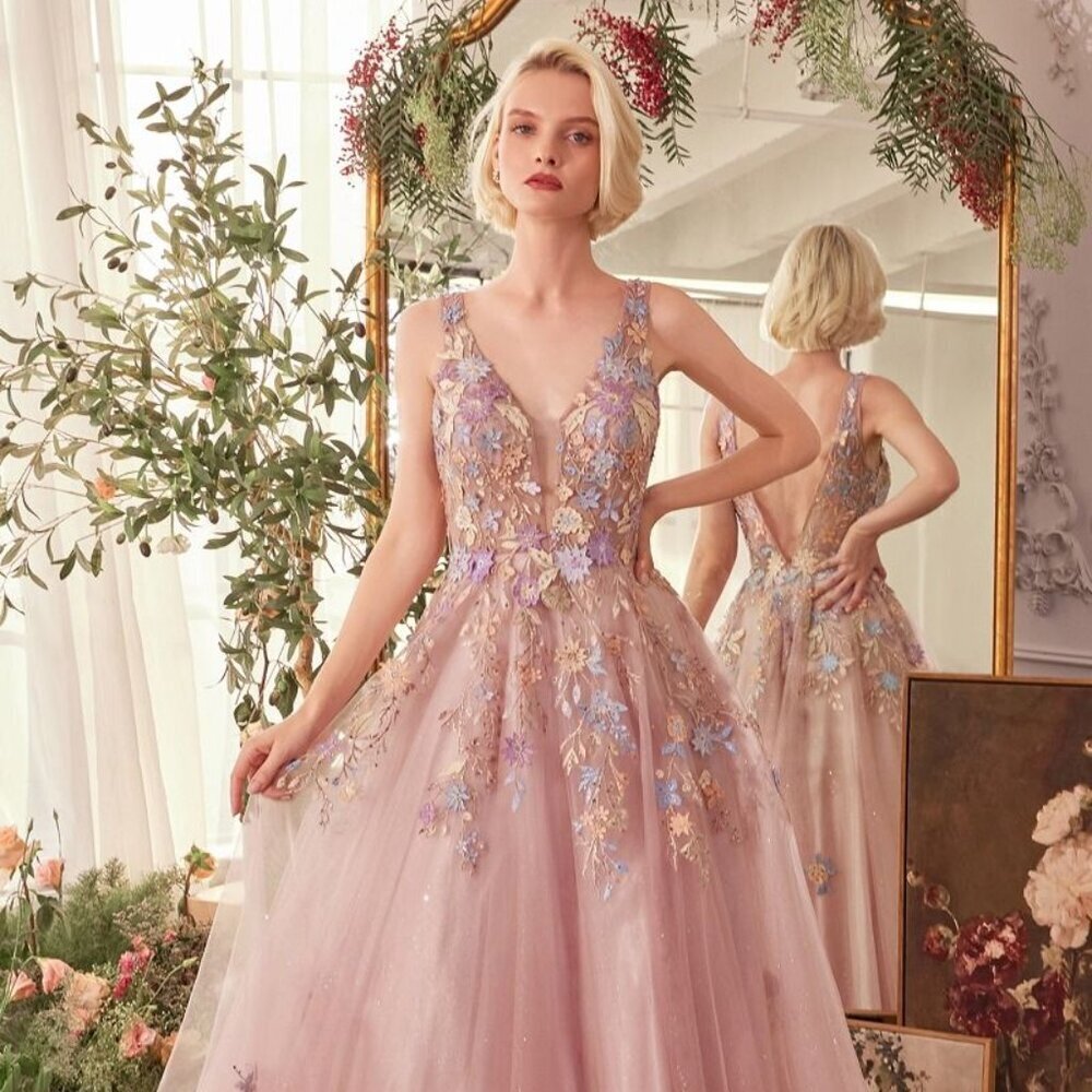 N/A New Formal Floral A-Line Tulle Dress w/ Glitter Embroidery & V-back CD A1394
